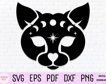 May include: Black and white silhouette of a cat's face with crescent moons and stars on its forehead.