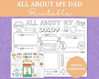 All About My Dad Printable Fill In The Blank Questionnaire Coloring Page Worksheet Activity For Kids - Happy Fathers Day Gift For Daddy