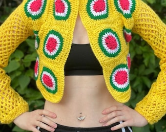 Crocheted cropped watermelon cardigan
