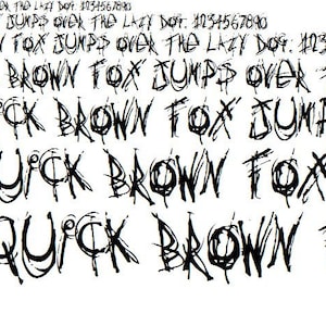 May include: A black and white font design with the text "THE QUICK BROWN FOX JUMPS OVER THE LAZY DOG: 1234567890". The font is stylized with jagged, sharp lines and strokes.