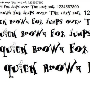 May include: Black and white image of the phrase "The quick brown fox jumps over the lazy dog." repeated multiple times in a stylised font. The font is bold and has a whimsical, cartoon-like style. The phrase is repeated in a descending pattern, with each repetition slightly smaller than the one above it. The image is set against a white background.