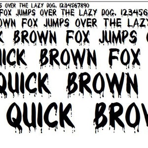 May include: A dripping black font with the text "THE QUICK BROWN FOX JUMPS OVER THE LAZY DOG. 1234567890" repeated multiple times. The font is stylized with dripping paint effects.