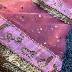 May include: A pink net fabric with gold sequins and decorative borders. The borders are a lighter pink with gold embroidery and a gold fringe. The fabric is folded, showing the texture and details of the design.