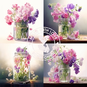 Sweet Peas in a Jar Clipart - 11 High Quality JPGs - Digital Download - Great For Card Making, Mixed Media, Digital Paper Craft and More