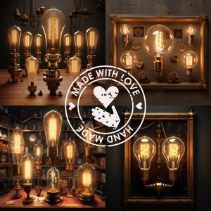 May include: A collection of vintage-style Edison light bulbs with filament visible, arranged in various configurations. Some bulbs are in decorative metal fixtures, while others are on wooden stands. The image includes a stamp with the text "HAND MADE WITH LOVE" and a heart and hand design.