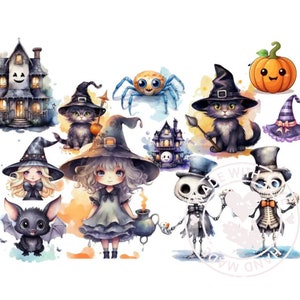 Watercolor Halloween Cute Ghost Vampire Bat Clipart Bundle of 20 - Transparent Background Digital Download PNG Graphics - Commercial Use
