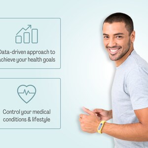 May include: A man wearing a gray t-shirt and a yellow fitness tracker smiles at the camera. Two white boxes with blue outlines are on the left side of the image. The top box has a line graph icon and the text "Data-driven approach to achieve your health goals". The bottom box has a heart rate icon and the text "Control your medical conditions & lifestyle".