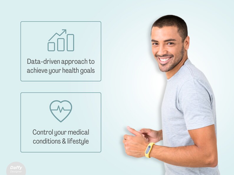 May include: A man wearing a gray t-shirt and a yellow fitness tracker smiles at the camera. Two white boxes with blue outlines are on the left side of the image. The top box has a line graph icon and the text "Data-driven approach to achieve your health goals". The bottom box has a heart rate icon and the text "Control your medical conditions & lifestyle".