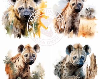 Hyena Watercolor Clipart: Jungle Animal PNG Designs (Commercial Use)