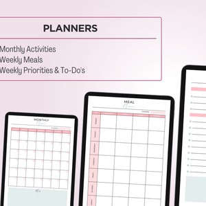 May include: Three digital planners on a pink background. The planners are for monthly activities, weekly meals, and weekly priorities and to-dos. The planners are in a digital format and are displayed on a tablet screen.