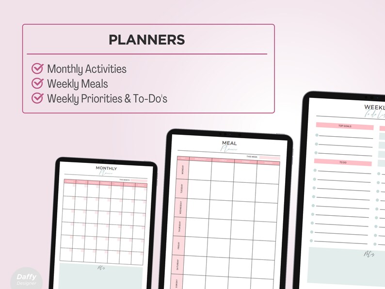 May include: Three digital planners on a pink background. The planners are for monthly activities, weekly meals, and weekly priorities and to-dos. The planners are in a digital format and are displayed on a tablet screen.