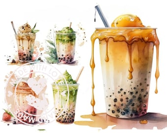 Watercolor Boba Tea Clipart: Bubble Tea Drink Illustrations (Digital Download)