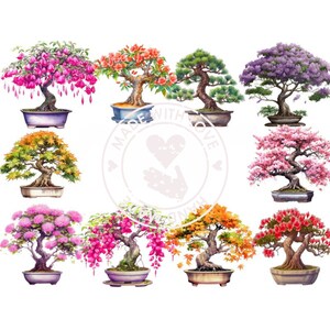 May include: A collection of 10 bonsai trees in various styles and colors, including pink, purple, red, orange, and green. The trees are potted in ceramic pots and are arranged in a circle. The text "MADE WITH LOVE" is visible in the center of the image.