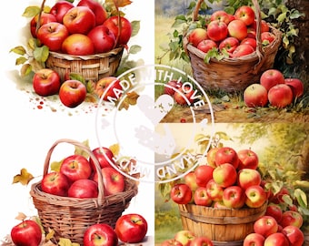 May include: Three baskets filled with red apples. The baskets are made of woven wood and have a rustic look. The apples are arranged in a random pattern and some are spilling out of the baskets. The background is a white and green watercolor painting.