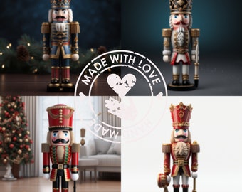 Könnte beinhalten: Vier Nussknacker-Figuren aus Holz, jede mit einem anderen Design. Die Nussknacker tragen alle traditionelle Kostüme und halten ein Nussknackerwerkzeug. Die Nussknacker stehen auf einem weißen Hintergrund. Das Bild enthält den Text "MADE WITH LOVE".