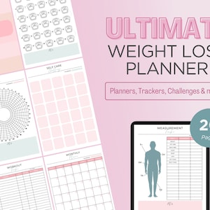 Może przedstawiać: Różowo-biały, drukowany planer utraty wagi z 20 stronami. Planer zawiera sekcje do śledzenia nawyków, dbania o siebie, ćwiczeń, miesięcznych celów i śledzenia pomiarów. Planer ma tytuł "Ultimate Weight Loss Planner".