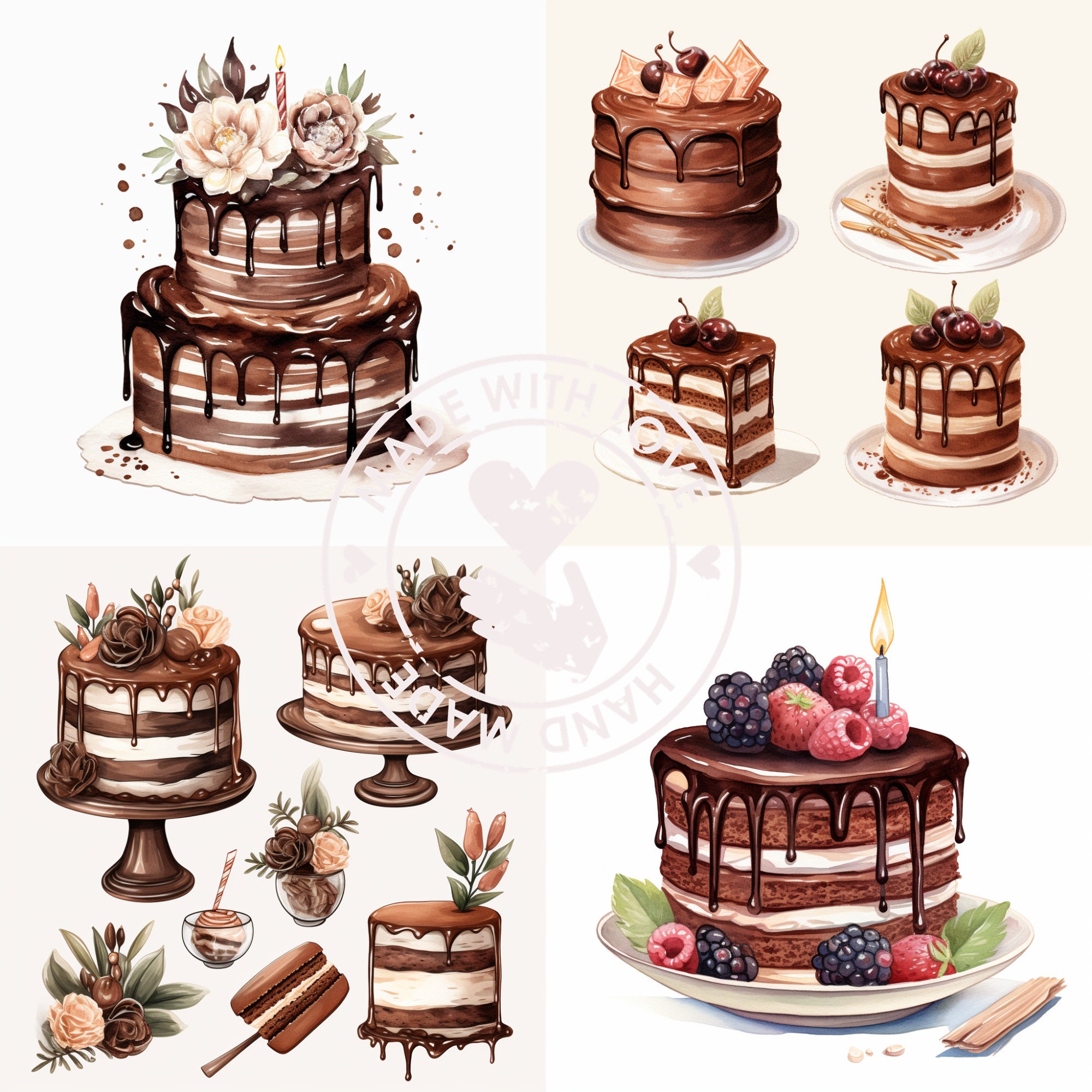 Chocolate Birthday Cake Clipart Jpgs, Digital Planner, Junk Journalist