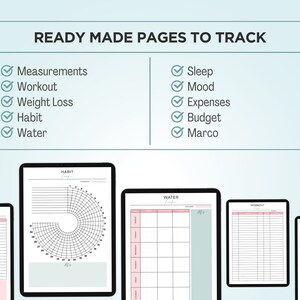 May include: A set of printable pages for tracking habits, water intake, weight loss, workouts, measurements, sleep, mood, expenses, and budget. The pages are designed with a minimalist aesthetic and feature a light blue and pink color scheme.