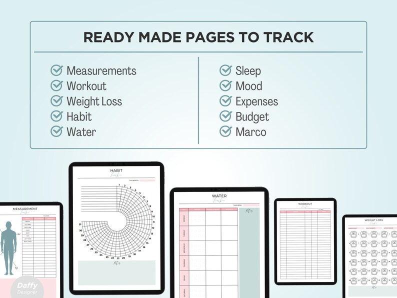 May include: A set of printable pages for tracking habits, water intake, weight loss, workouts, measurements, sleep, mood, expenses, and budget. The pages are designed with a minimalist aesthetic and feature a light blue and pink color scheme.