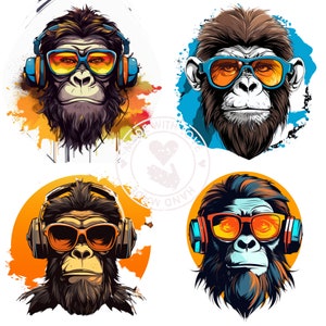 May include: Four digital illustrations of monkeys wearing sunglasses and headphones. Each monkey has a different colored background and a different style of sunglasses and headphones.