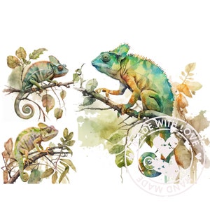 Chameleons Clipart, JPGs, Commercial Use, Digital Download, Card Making, Mixed Media, Digital Paper Craft, Watercolor Chameleon