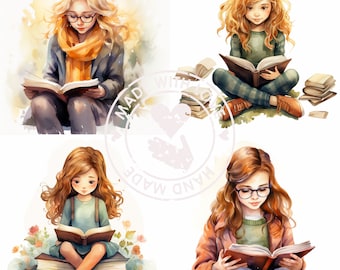 Op de afbeelding: Vier aquarel illustraties van meisjes die boeken lezen. Elk meisje heeft lang bruin of blond haar en draagt een andere outfit. De illustraties zijn tegen een witte achtergrond geplaatst.