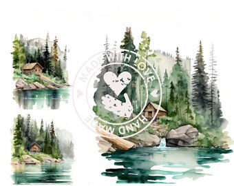 Lake Cabin Watercolor Clipart: Nature Digital Paper (Digital Download)