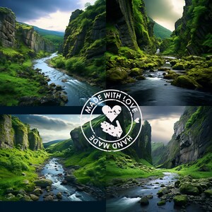 May include: A scenic image of a river flowing through a lush green valley with rocky cliffs on either side. The sky is a mix of blue and gray with clouds. The image is framed by a white circle with the text "Made with Love, Hand Made" and a heart.
