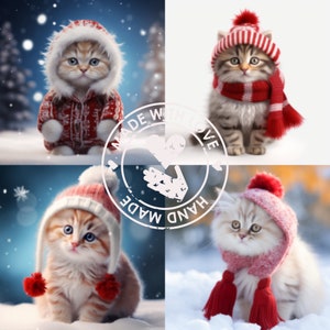 Gatito navideño, con calor, gatito de invierno, fondo blanco HD de alta calidad de 8k