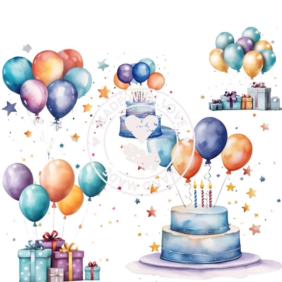 Watercolor Birthday Clipart: Balloons & Cake PNG Bundle (commercial Use ...