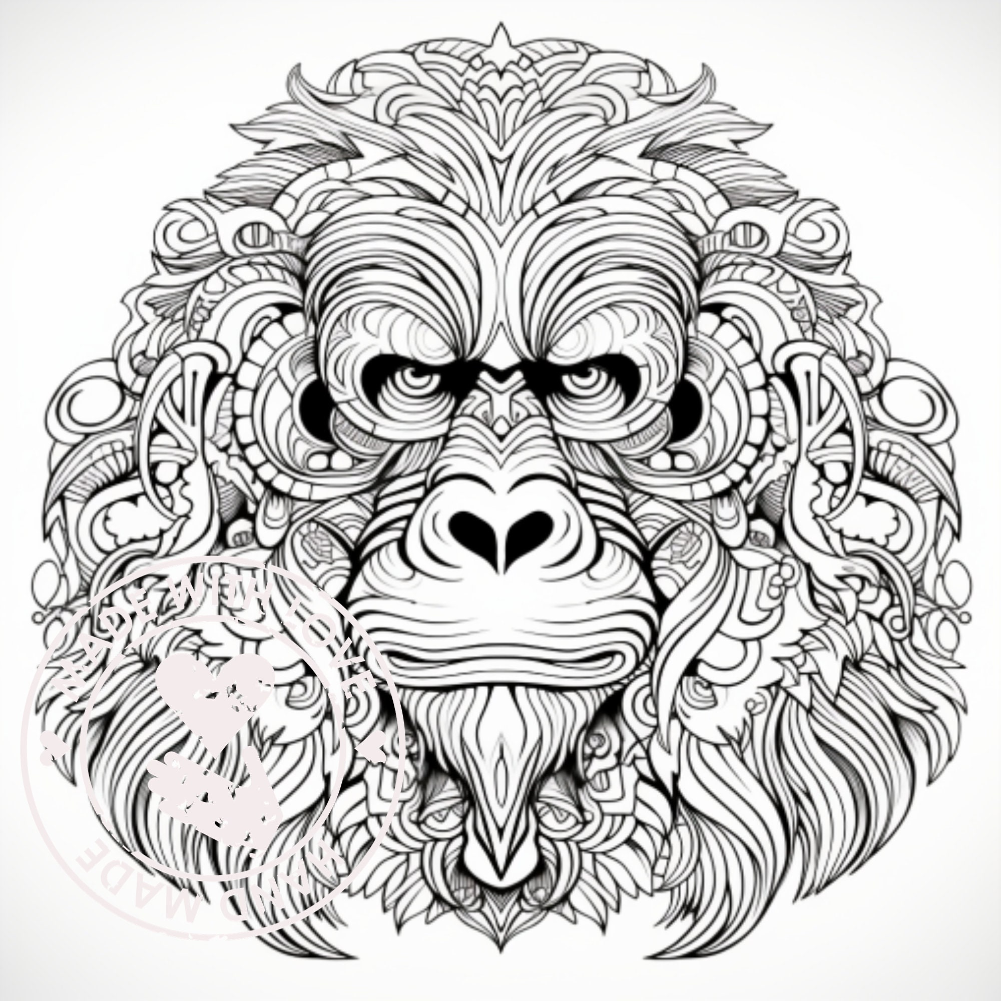 Coloring Page for Seniors, Gorilla Mandala, Thick Line, Low Detail, - Etsy