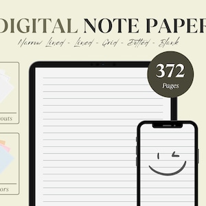 Op de afbeelding: Digitaal notitiepapier met smalle lijnen, lijnen, rasters, stippen en blanco opties. De afbeelding toont een tablet en een telefoon met gelijnd papier, met 28 lay-outs en 8 kleuren beschikbaar. Het digitale notitieboek heeft 372 pagina's.