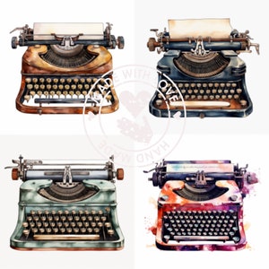 May include: Four vintage typewriters in different colors, including brown, black, green, and red, with watercolor accents. Each typewriter has a paper roll and keys.