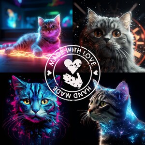 May include: A collage of four images featuring cats with vibrant, neon-like effects. The cats are depicted in various poses, with glowing outlines and accents in shades of blue, pink, and purple. A circular stamp with the text "MADE WITH LOVE" and "HAND MADE" is in the center.