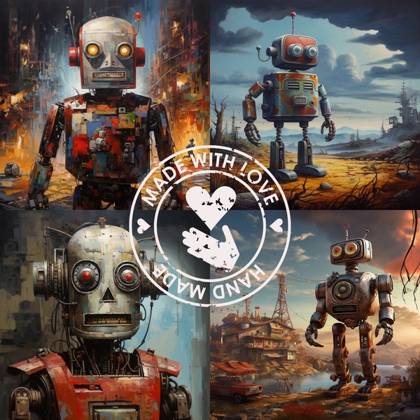 Painting of a Robot, painting of a tin robot, painting of a giant tin robot, created with AI