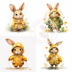 CONEJOS En IMPERMEABLEs Png , CLIPART de color de agua, Conejo lindo Png, Descarga digital Uso comercial Bosque Diseño de imágenes prediseñadas transparentes