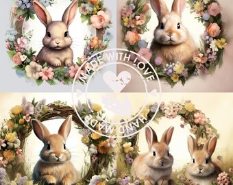 Watercolor Bunny Clipart: Flower Wreath Rabbit Art (JPG, Commercial Use)
