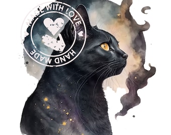 May include: A black cat with yellow eyes is depicted in a watercolor style against a background of a starry night sky. The cat is looking to the right of the image. A white circle with the text "HAND MADE WITH LOVE" is superimposed over the cat's head.