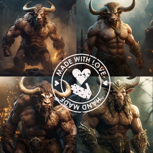 May include: Four digital illustrations of muscular, horned, humanoid creatures against a dark background. The creatures are depicted in a fantasy style, with a fierce and powerful expression. The text "Made with Love, Hand Made" is superimposed on the image.