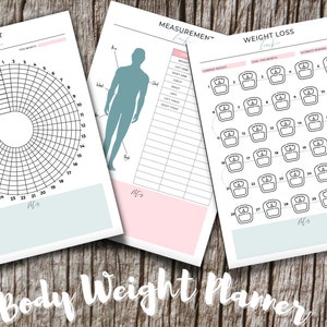 May include: Printable planner pages for tracking weight loss, habit progress, and body measurements. The pages feature a light blue and pink colour scheme with black text and illustrations. The pages include a habit tracker, a weight loss tracker, and a measurement tracker.