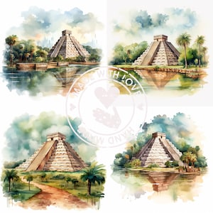 Chichen Itza Clipart - PNGS de alta calidad - Descarga instantánea, Arte de pared, Acuarela, Paisajes, Uso comercial, Naturaleza, Álbum de recortes, México