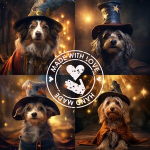 May include: Four dogs wearing wizard hats with a hand-drawn logo that says "Made with Love, Hand Made" and a heart in the center.