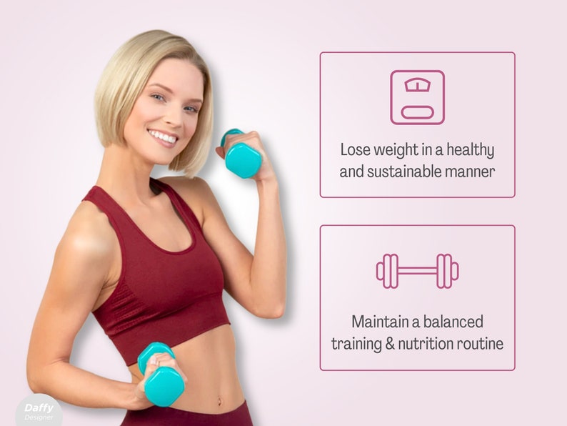 May include: A woman in a red tank top and maroon leggings is lifting blue dumbbells. The image includes text that reads "Lose weight in a healthy and sustainable manner" and "Maintain a balanced training & nutrition routine".