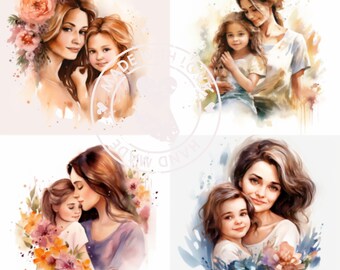 Mother & Daughter Watercolor Clipart: Family PNG Designs (Digital Download)