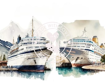 Watercolor Cruise Ship Clipart: Commercial Use PNG (Digital Download)