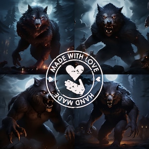 Werewolf, werewolf at night, hunting werewolf, full moon night, werewolf with his pack, created with AI