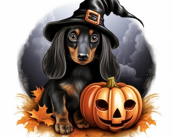 May include: A black and brown dachshund wearing a black witch hat and sitting next to a carved orange pumpkin with a jack-o'-lantern face. The dog and pumpkin are on a bed of brown straw and orange leaves.