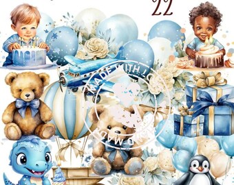 May include: A watercolor illustration of a blue and white airplane, a hot air balloon, a teddy bear, a penguin, a dinosaur, and two children blowing out candles on cakes. The illustration is surrounded by blue and white balloons and white flowers. The number "2" is written in the top right corner of the image.