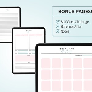 May include: Printable self-care challenge planner with a pink and white color scheme. The planner includes a calendar grid, a before and after section, and a notes section. The planner is designed to help you track your self-care progress.