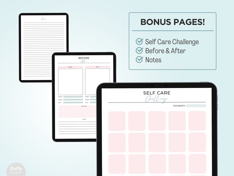 May include: Printable self-care challenge planner with a pink and white color scheme. The planner includes a calendar grid, a before and after section, and a notes section. The planner is designed to help you track your self-care progress.
